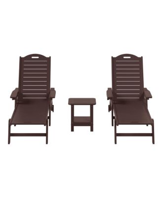3-Piece Polyethylene Outdoor Patio Chaise Lounge Chair with Wheels & Cup Holder with Patio Side Table