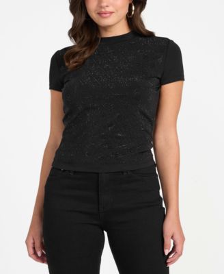 Women's Rhinestone-Logo Mock-Neck Short-Sleeve Top