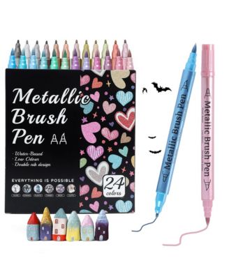 24 Colors Metallic Markers, Dual Tip Glitter Pens, Acrylic Paint Markers for DIY Crafts, Scrapbooking, Glass, Wood and Cards