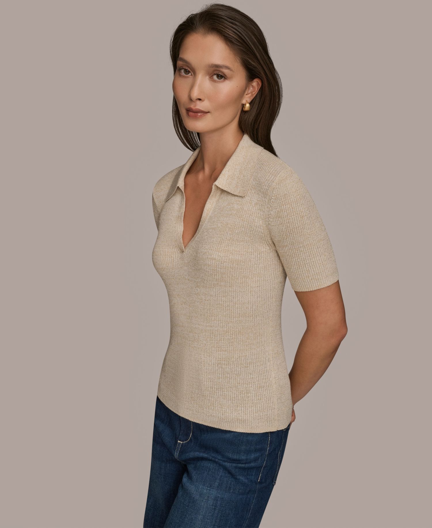Women's Cotton Rib Elbow Sleeve Polo Sweater