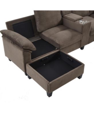 Modern U-shaped Corduroy Sofa with Storage, Cup Holders & USB Ports