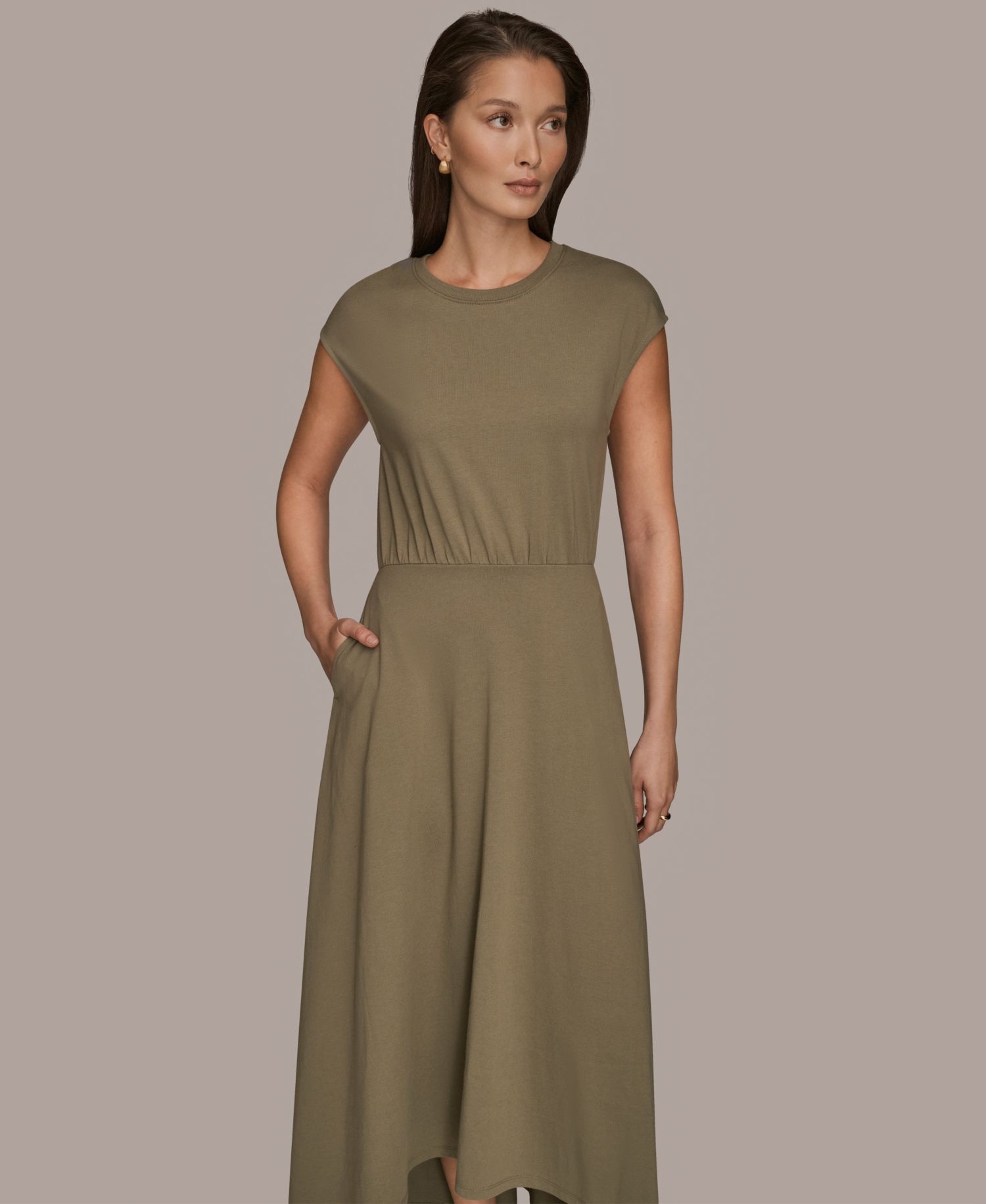 Women's Cotton Jersey Hi Lo Cap Sleeve Crew Neck Dress