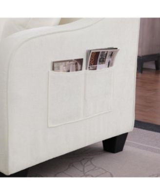 Beige two-seater sofa with chaise, storage footrest, and throw pillows