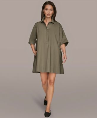 Women's Stretch Poplin Elbow-Sleeve Hidden Placket Dress