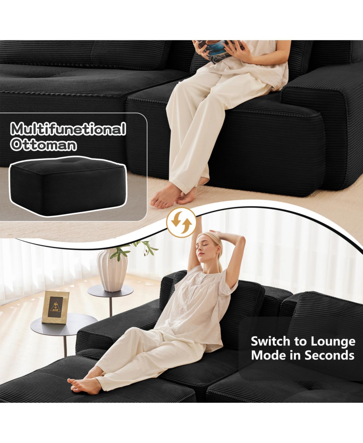 Streamdale Furniture Modern L-Shaped Corduroy Sectional Sofa with Movable Ottoman - Black