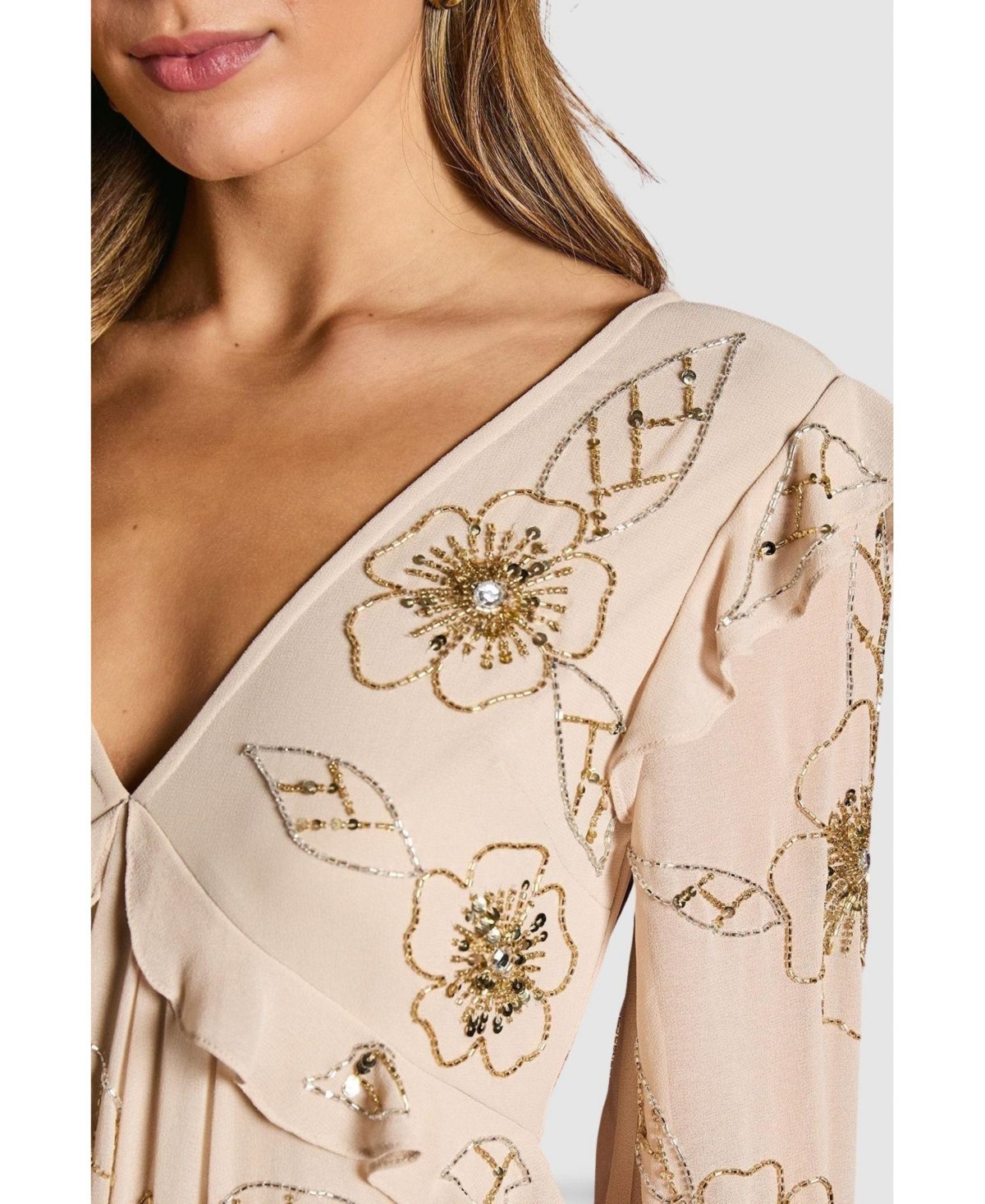 Coast Women's V Neck Embellished Tiered Midi Dress