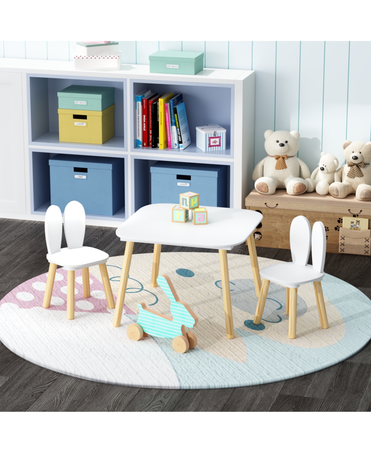 Casainc 3-Piece Rabbit Themed Kids Table and Chair Set with Solid Wood Legs in White