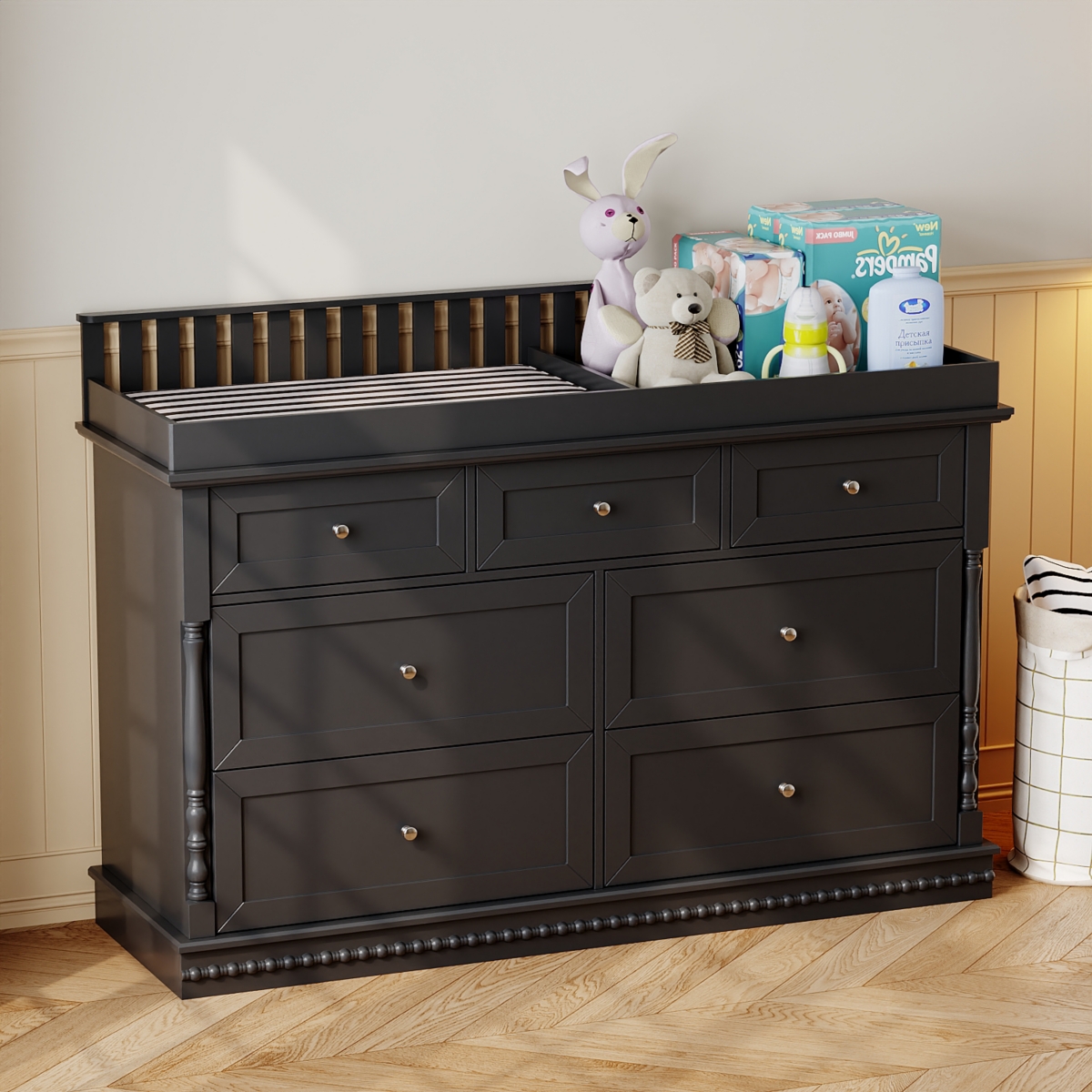 Homsee Changing Table with 7-Drawers, Guardrail Top, Anti-Tip Safety Feature