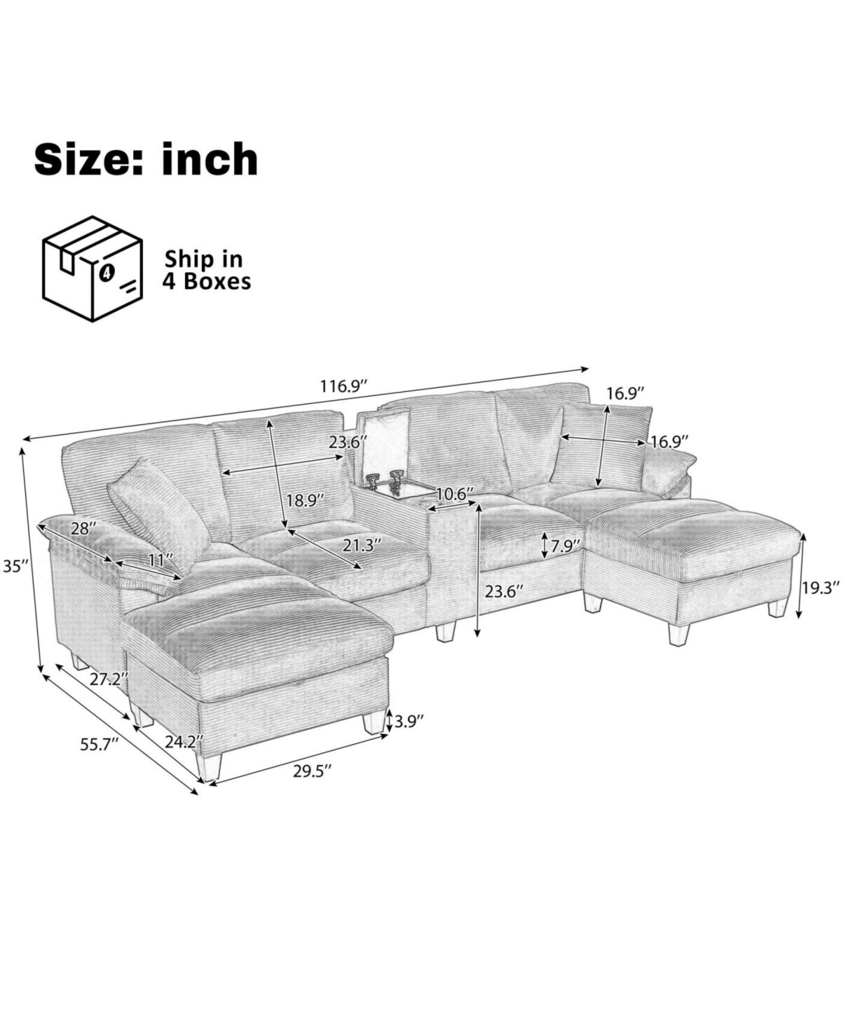 Streamdale Furniture Modern U-shaped Corduroy Sofa with Storage, Cup Holders & Usb Ports, Black