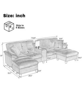  Modern U-shaped Corduroy Sofa with Storage, Cup Holders & USB Ports