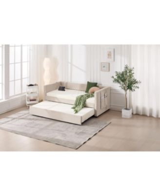 Streamdale Twin Upholstered Daybed with Trundle, USB, Side Pockets, No Box Spring Needed (Beige