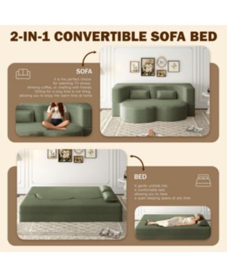 Streamdale Modern Floor Sofa with 2 Pillows, Convertible Plush Corduroy Sleeper Sofa Bed, Green