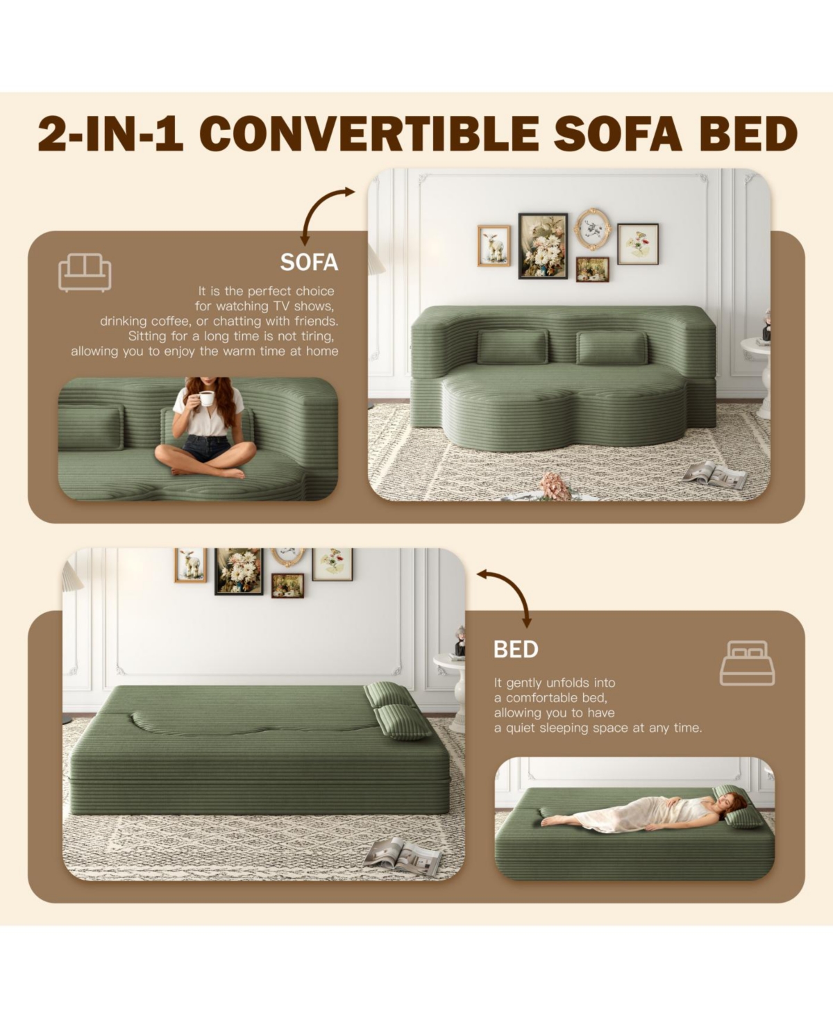 Streamdale Furniture Streamdale Modern Floor Sofa with 2 Pillows, Convertible Plush Corduroy Sleeper Sofa Bed