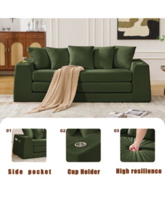 Corduroy Convertible Sofa Bed Loveseat Sleeper with 5 Pillows, Green