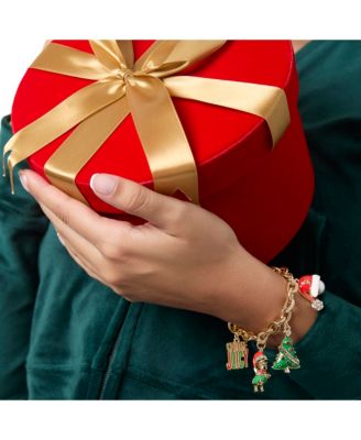 Holiday Charm Bracelet, Gold Tone Enamel Christmas Motifs