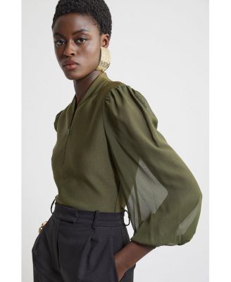 Women's Zip Detail Chiffon Sleeve Knit Top