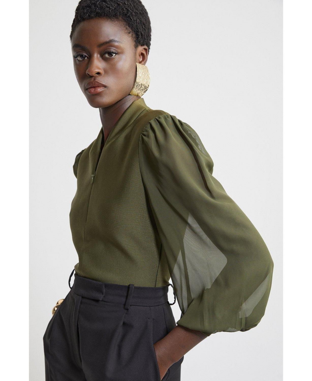 Karen Millen Women's Zip Detail Chiffon Sleeve Knit Top