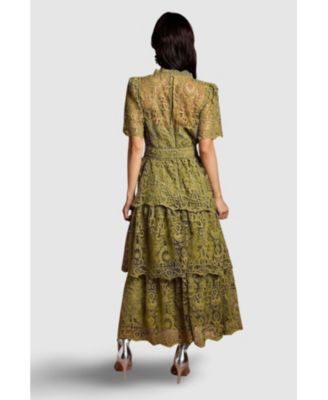 Women's Short Sleeve Tiered Lace Midi Dress