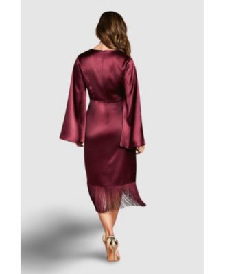 Women's Satin Fringe Hem Wrap Waist Midi Dress
