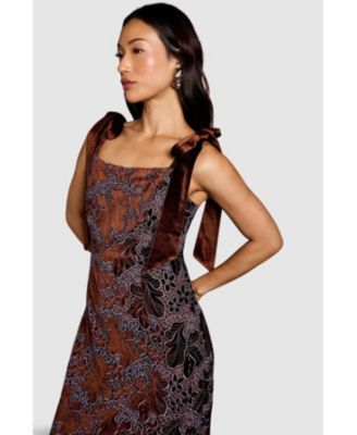 Women's Velvet Lace Tie Shoulder Midi Dress