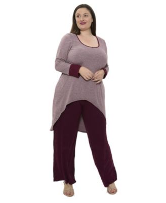 Plus Size Two Tone Scoop Neck Long-Sleeve High Low Top and Pant Set