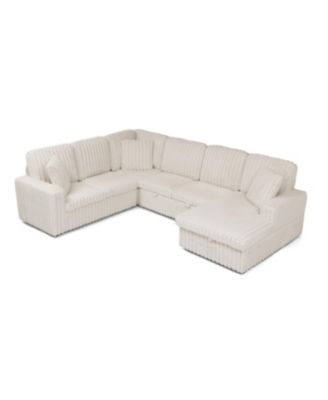 Streamdale Beige Corduroy Striped U-shaped Sofa with Pull-out Bed & Storage Chaise