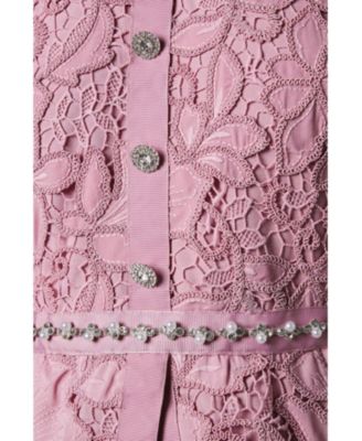 Women's Lace Top Pleat Skirt Jewel Button Dress.