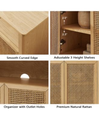 63" Mid Century Modern Rattan Sideboard Buffet Cabinet with Storage, Retro Coffee Bar