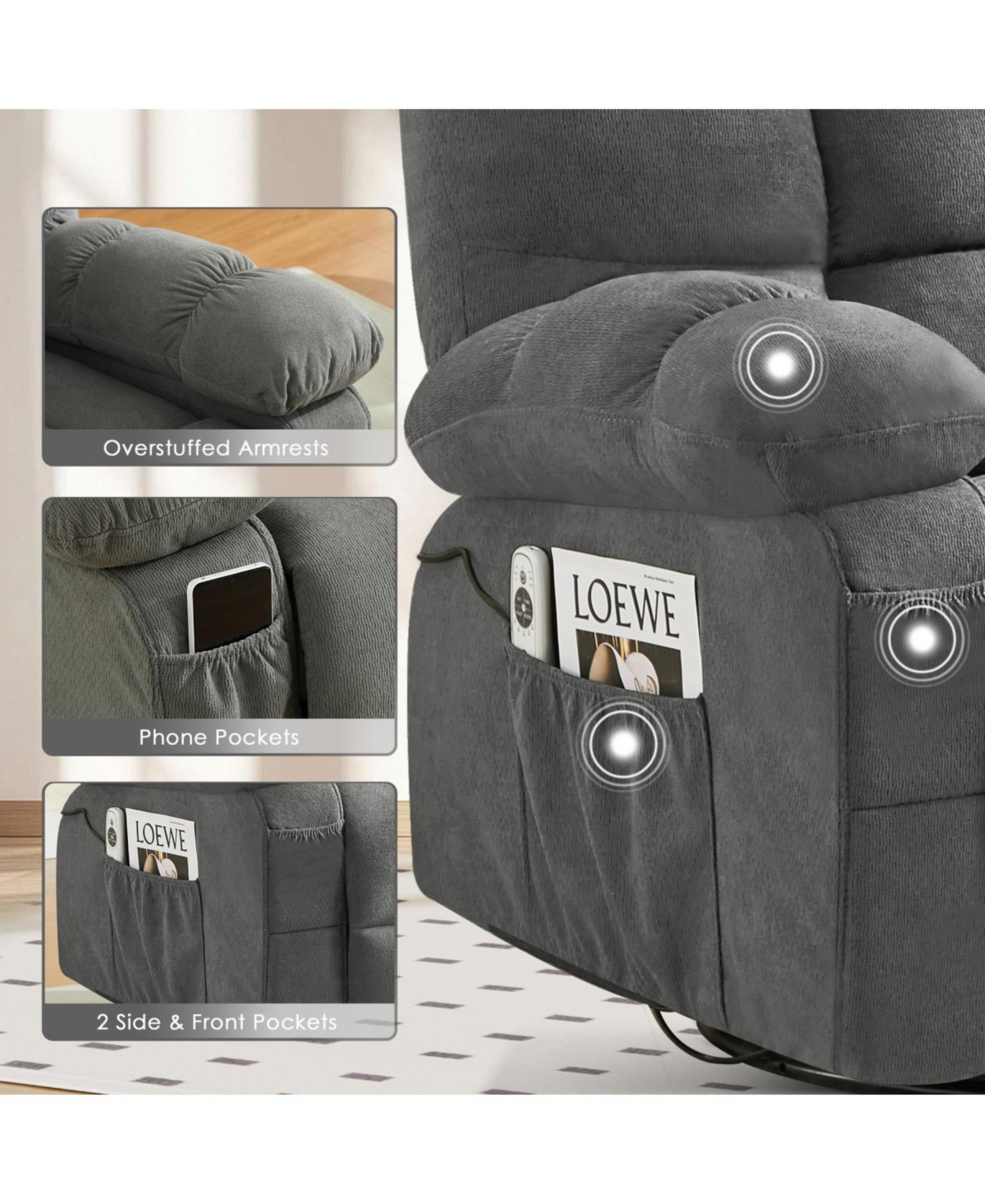 Streamdale Furniture Streamdale Massage Swivel Recliner Chair w/Vibration & Heat, 350LBS Capacity, Usb Port