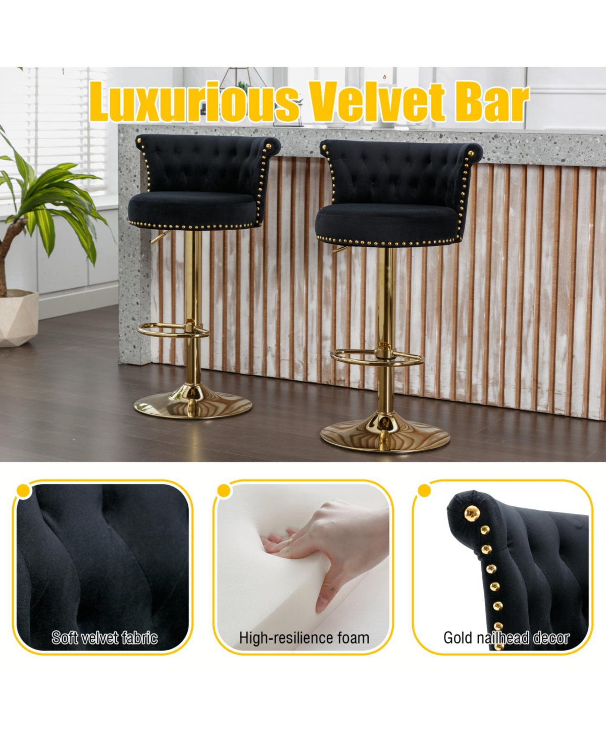 Streamdale Furniture Streamdale Velvet 360 Rotating Bar Chair with Adjustable Height - Modern Kitchen Island Seating