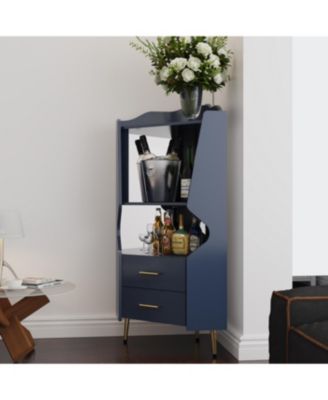 Streamdale Wooden Corner Bar Cabinet with Shelves and Drawers, Mirrored Back, Blue