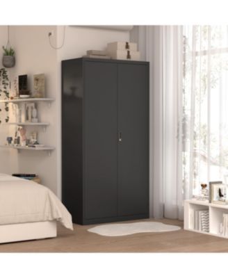 Streamdale Black Metal Large Wardrobe with Hanging Rod & Compartments, Lockable Closet