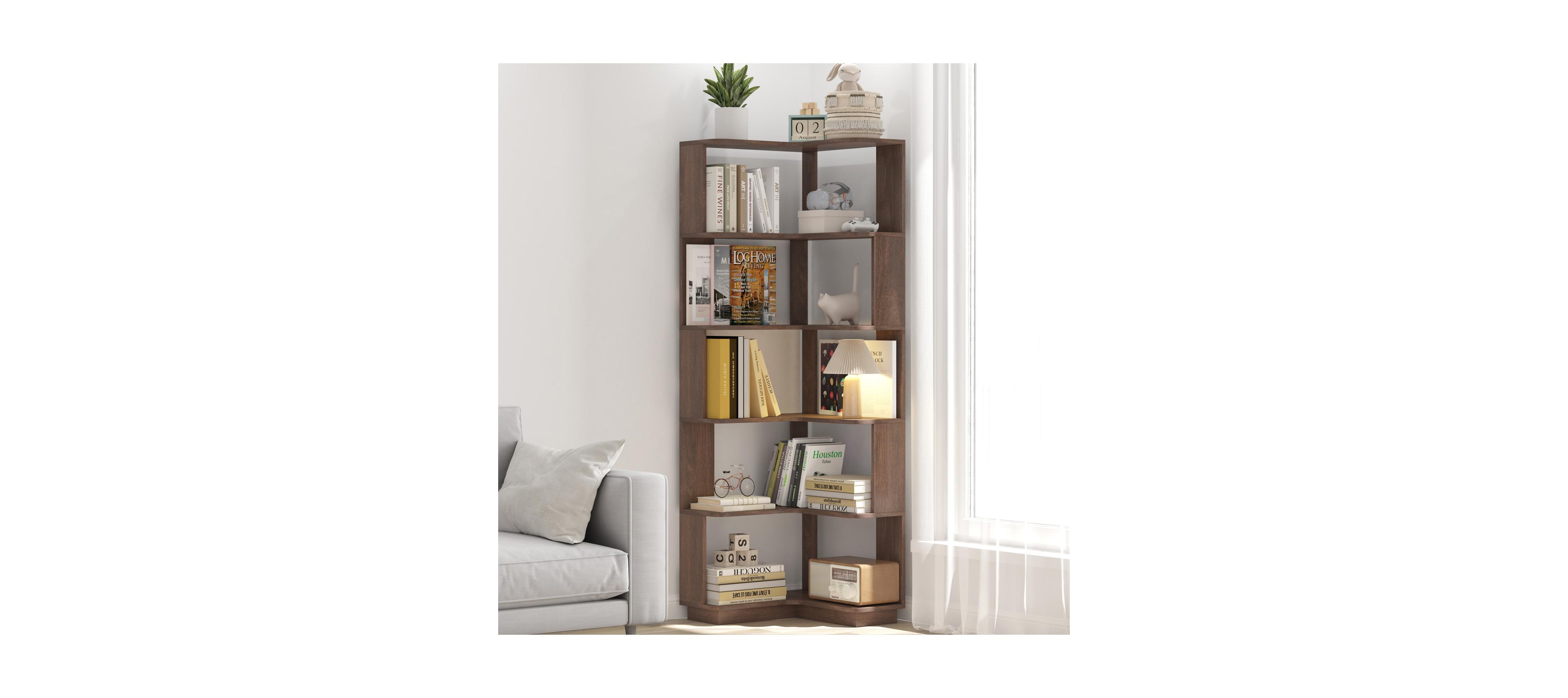 Streamdale 6 Tier L-Shaped Corner Bookshelf with Anti-Drop and Anti-Tipping Device - Dark Brown