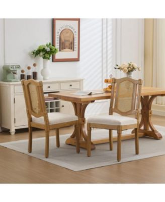 Solid Wood Rattan Back Dining Chair - Natural Linen Cushion