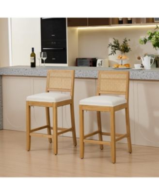 Streamdale Solid Wood Rattan-Inspired Bar Stool with Linen Cushion