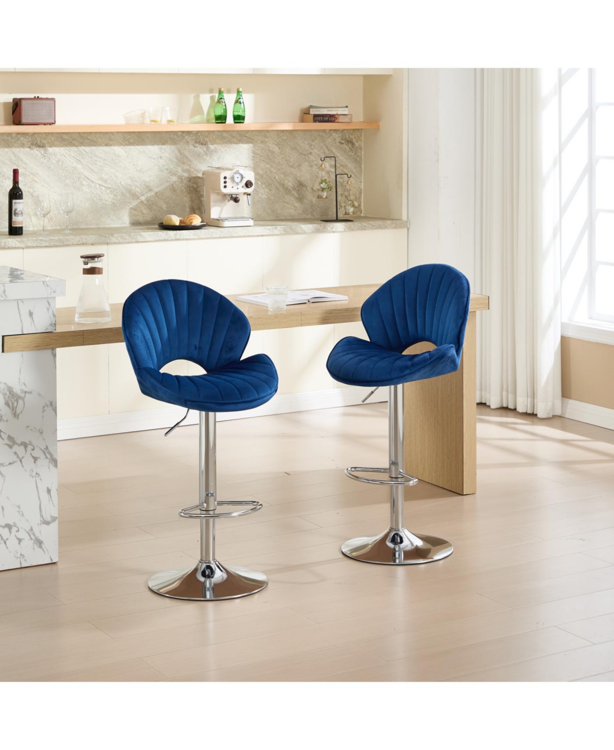 Streamdale Bar Stools Set of 2 - Adjustable Counter Height Bar Chairs with Back and Footrest - Navy