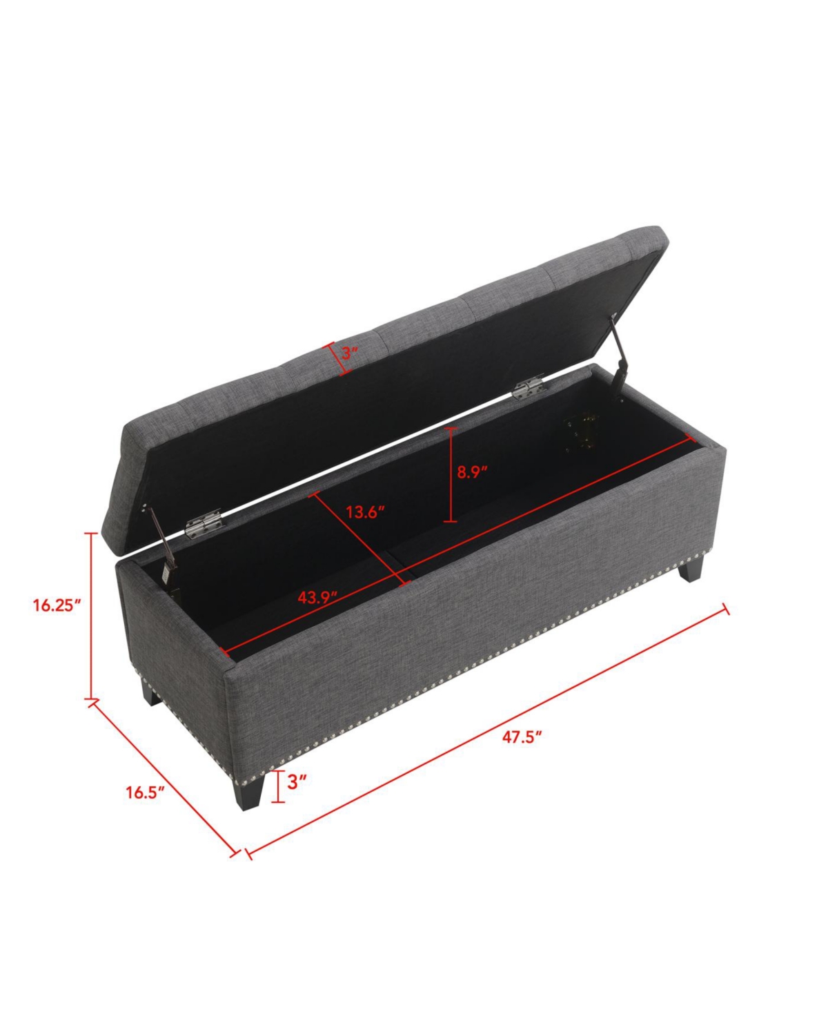 Streamdale Furniture Streamdale 47.5" Storage Ottoman Bench with Safety Hinge, Button-Tufted, Supports 500lbs - Dark Grey