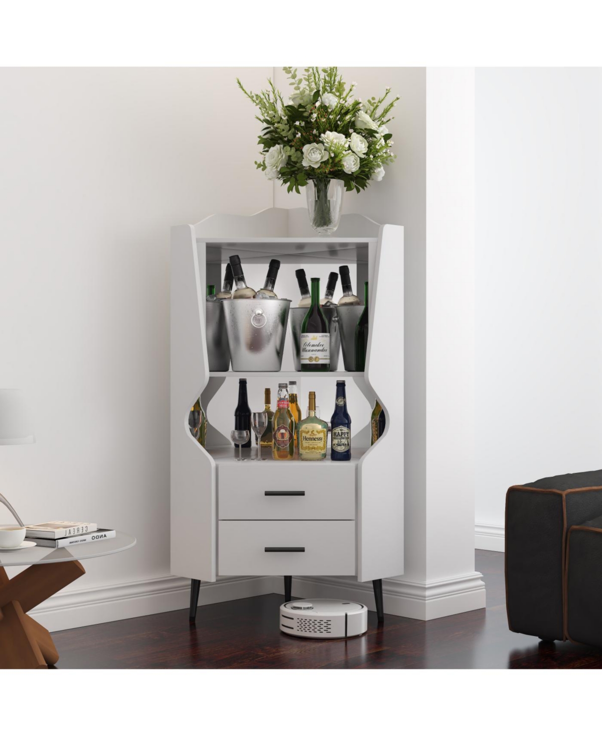 Streamdale Furniture Streamdale Wooden Corner Bar Cabinet with Storage Shelves and Drawers, White