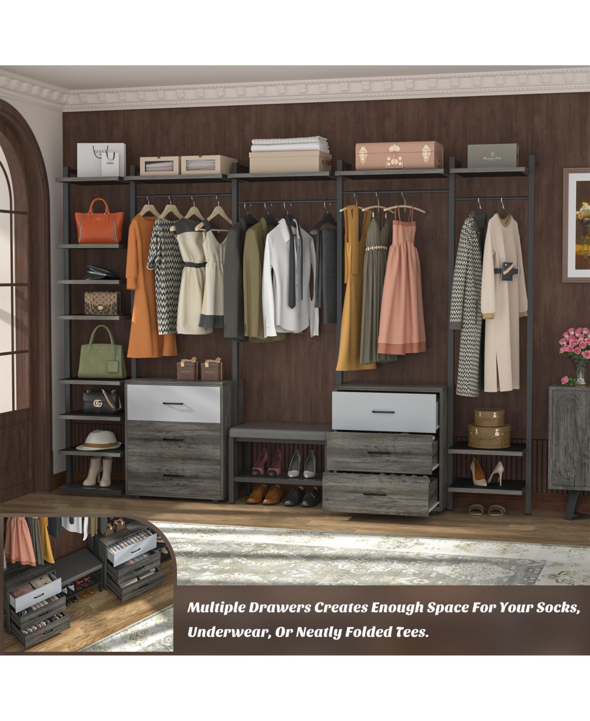 Aheaplus Heavy Duty Closet Organizer System with 6 Drawers, 96 Inch Walk Clothes Rack 14 Shelves, 1200 lbs Capacity