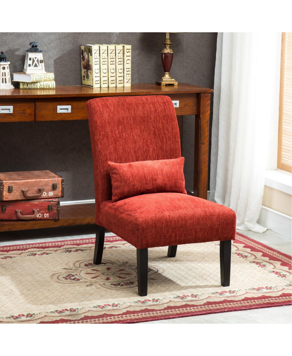 Streamdale Pisano Contemporary Chenille Fabric Armless Chair with Pillow, Red