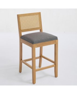 Solid Wood Rattan-Inspired Bar Stool with Linen Cushion