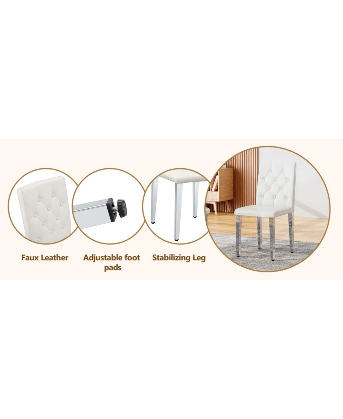 Streamdale Furniture 4-pack white Pu dining chairs with buckle backrest & silver legs