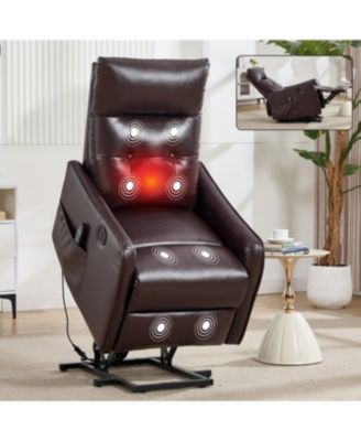 Brown PU Power Lift Recliner with Massage, Heat & USB for Elderly