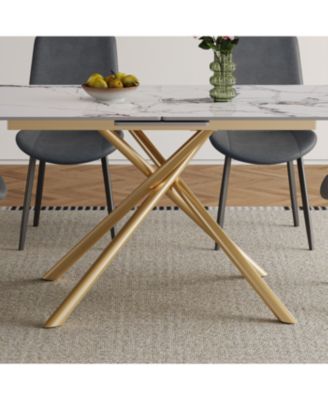 59" Modern Expandable Dining Table w/Retractable Leaf, Charred Stone and Gold Base