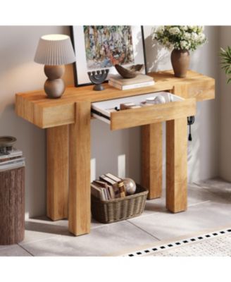 Streamdale Rustic Minimalist Console Table with Hidden Drawer and Power Outlet (Black)