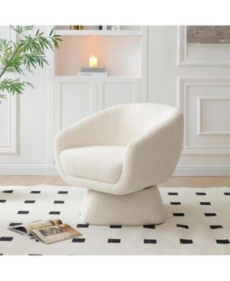 White Boucle Swivel Chair, Solid Wood Frame, Modern Armchair