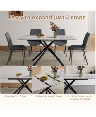 Modern Expandable Dining Table w/Retractable Leaf, Charred Stone & Black Base