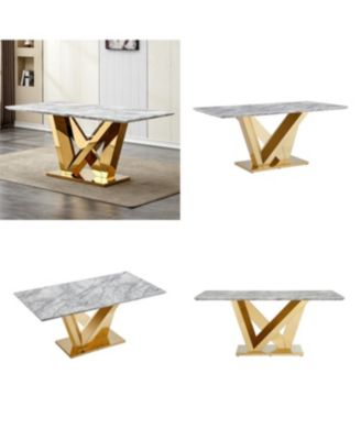Dining Table for 6, 70" Rectangle Faux Marble w/ Mirrored Stainless Steel Base (Gold, Gray)