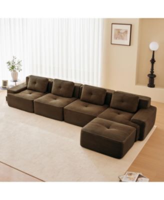 Modern L-Shaped Corduroy Sectional Sofa with Movable Ottoman