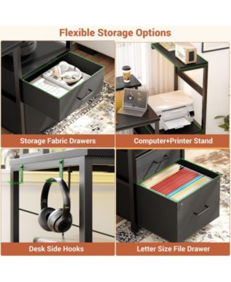 Gaming Desk with Outlets and LED Light, 59'' Reversible Computer Desk with File Drawers & Monitor Stand